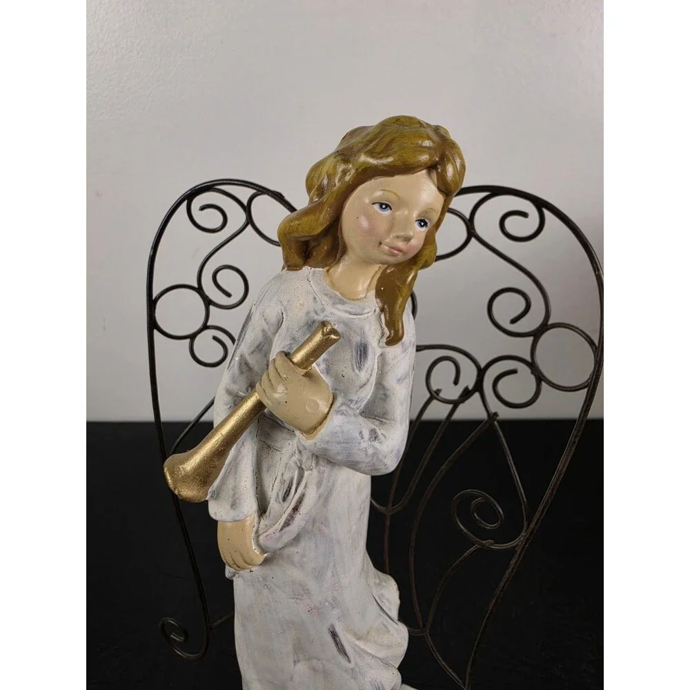 Vintage Rustic White Christmas Angel Figurine With Metal Wings Gold Trumpet 11